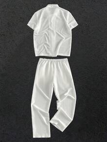 GENTILAND Men's Casual Mesh Placket Short Sleeve Shirt And Pants Set, Summer - White - View 7