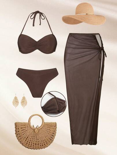 Swim Oasis 三件套女士泳衣套装，抽绳褶皱挂脖系带露背设计，时尚休闲度假装，适合春、夏、秋、冬四季穿着。