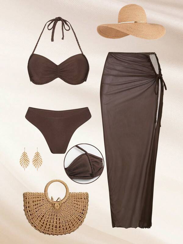 Swim Oasis 三件套女士泳衣套装，抽绳褶皱挂脖系带露背设计，时尚休闲度假装，适合春、夏、秋、冬四季穿着。