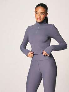 MISSGUIDED Half Zip Ribbed Long Sleeve Top With High Neck Fitted Athleisure Pullover For Casual Everyday Winter Layering Essential - Blue - View 3