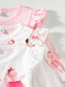 SHEIN 3件套女婴简约百搭甜美可爱柔软弹力纯色及条纹荷叶边长袖上衣，适合秋冬季节、休闲穿着、居家、度假。 - 粉色 - 查看 7