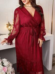 Modelyn 大码女式红色蕾丝长袖收腰A字优雅连衣裙，春夏款 - 紅色 - 查看 7