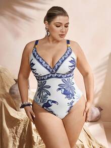 Swim Oasis 新款大码女式泳衣，夏季度假沙滩连体泳衣+裙罩衫两件套，热带植物印花优雅女士泳装两件套，大码连体泳衣 - 彩色 - 查看 7