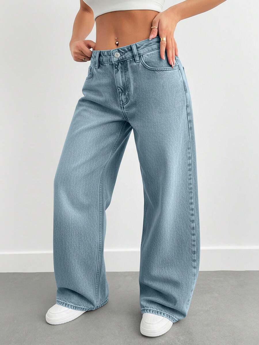 EURMUSE Women's Casual Washed Low Waist Wide Leg Jeans - Baby Blue - View 1