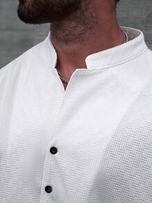 EGENSIO Men's Plaid Ribbed Long Sleeve Mandarin Collar Shirt - White - View 3