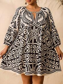 SHEIN CURVE+ Plus Size Hollow Neck Allover Print Casual Vacation Dress Boho Tops Plus Size Cruise - Black and White - View 5
