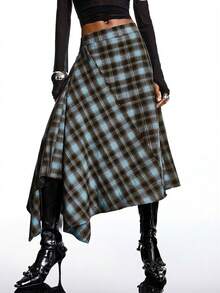 LYSMO 2026新款简约春季女装多色格纹裹身式不对称下摆时尚百搭中长裙，适合外出、优雅场合、休闲穿着、圣诞派对、新年、正式场合等，春季女装 - 彩色 - 查看 3