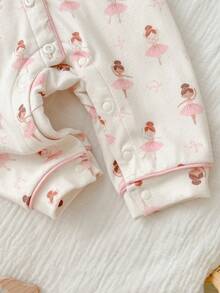 Cozy Pixies 新生儿男女宝宝芭蕾舞图案针织柔软翻领长袖连体衣，百搭舒适休闲可爱日常穿着 - 粉色 - 查看 3