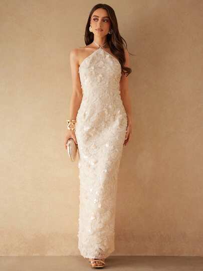 Silquee This Elegant White Halter-Neck Sequined Backless High-Slit Dress Is A Sophisticated Party Gown From Our Spring/Summer Collection. It's Suitable For A Variety Of Occasions, Including Valentine's Day, Vacations, Parties, Gatherings, Dates, Picnics, Wedding Guests, Birthday Dresses, Evening Gowns, Backless Dresses, Romantic Dates, Wedding Parties, Beach Vacation Wear, Picnic/Nightclub Parties/Gatherings, Elegant Parties, Stage Performance Costumes, Elegant Suits, Bridesmaid Dresses, And More. ,Summer Dress,Elegant Dress