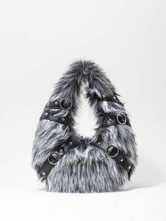 Grunge Punk Borse a mano da donna, in peluche, borse in peluche, borse da motociclista con borchie punk, regali per donne, catena in metallo, alla moda, personalità, versatile, shopping, strada, ragazze dolci e cool, ragazze hot, stile Y2K, uso quotidiano, autunno e inverno (motivo casuale)