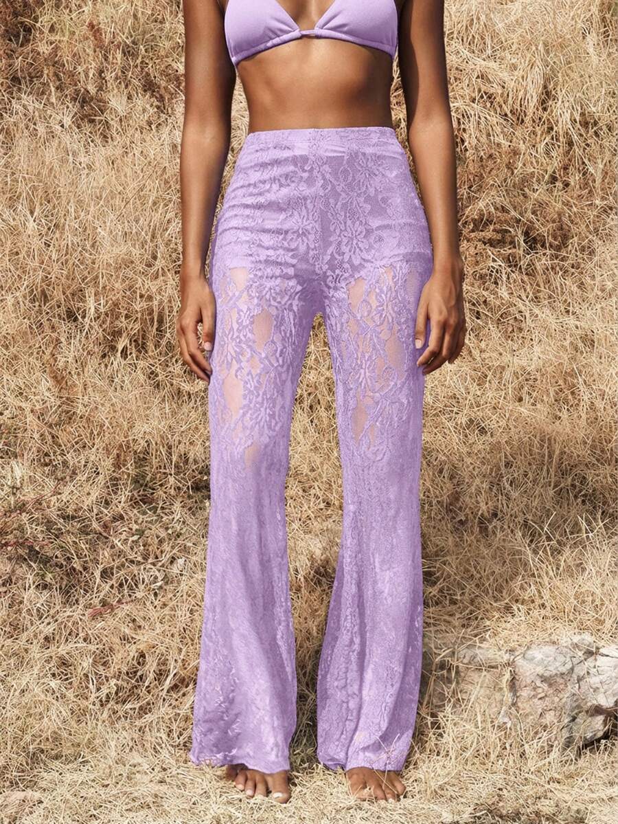 Opulessa Vacation Knit Lace High Waist Flare Pants For Women,Spring To Summer, Valentine's Day, Carnival Costume,  Beach Outfit,Summer Vacation Outfits, Casual Mesh Pants - Lilac Purple - View 1