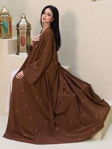 Al Najma Women's Elegant Embroidered Detail Loose Arabic Abaya, Autumn - Coffee Brown - View 1
