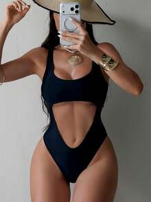 Swim SXY 1pc Women's Solid Color Hollow-Out One-Piece Swimsuit, Summer Beach - Black - View 3