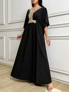 Al Najma V-Neck Waist Cinched Women's Arabic Style Dress With Batwing Sleeves, Conservative Design, Summer - Black - View 4