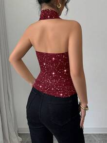 Elenzga Women's Fashionable Sequin Halter Backless Top For Party - Burgundy - View 2
