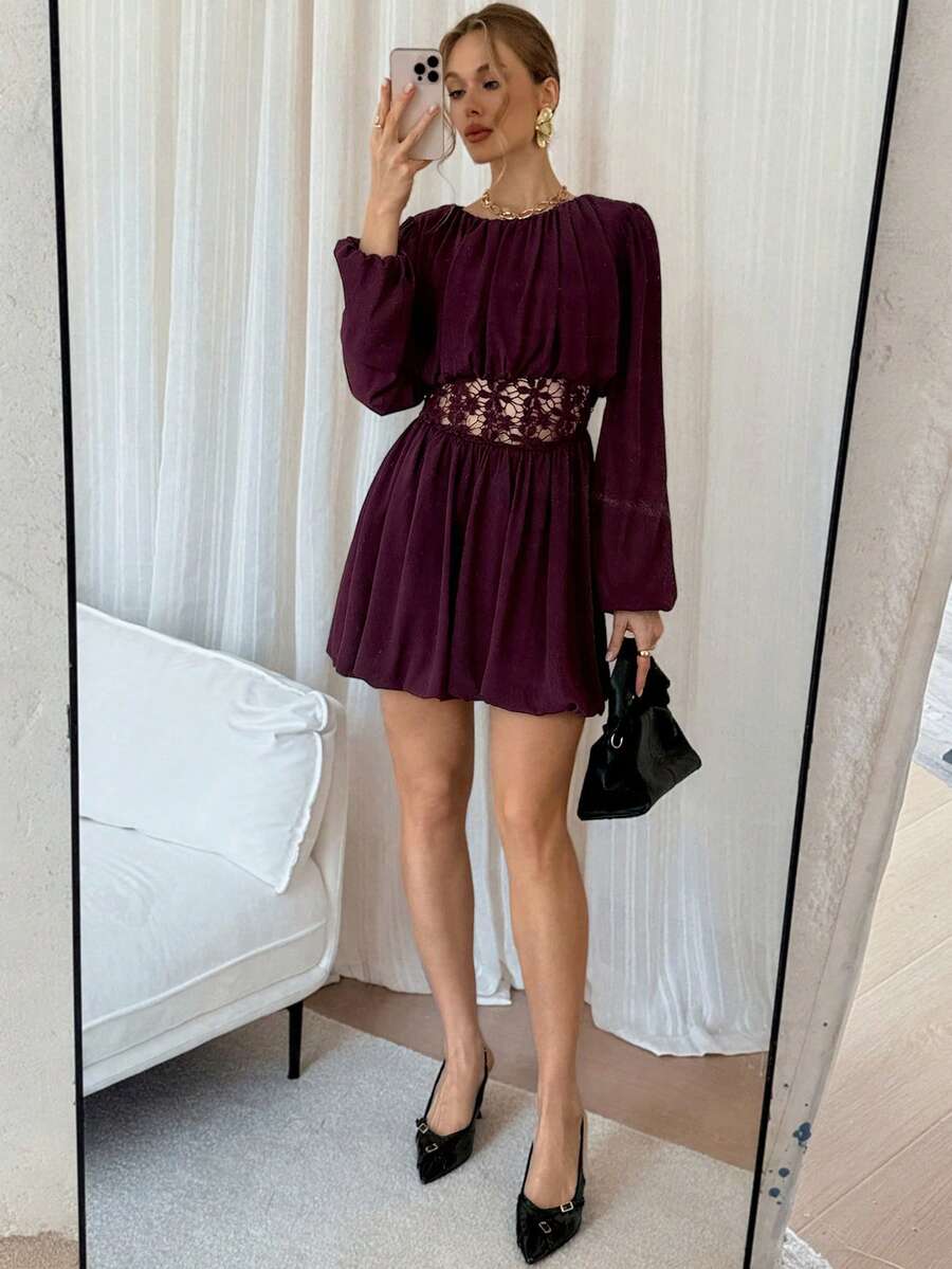 Siren Gaze Vestido mini de moda con cuello redondo, mangas farol, cintura ceñida y dobladillo de volantes transparentes de unicolor para mujer - Rojo violeta - Ver 1