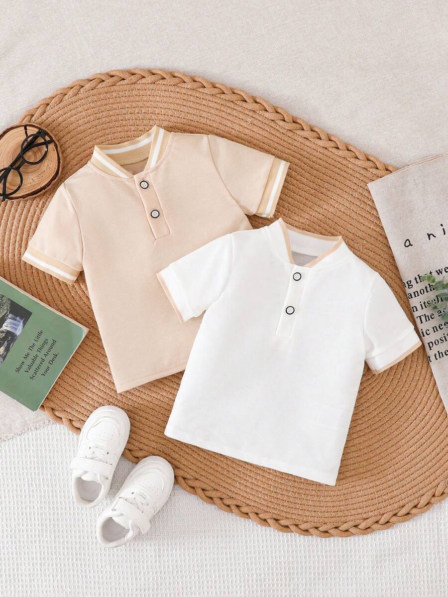 SHEIN 2 chiếc áo polo tay ngắn dệt kim kiểu dáng lịch lãm cho bé trai, thích hợp cho mùa hè. - Nhiều màu - Xem 1