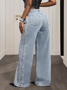 Slaydiva Women's Casual Fashion Rhinestone Embellished Loose Wide-Leg Jeans Rhinestone Denim Jeans Wide Leg Jeans Y2k Rhinestone Jeans Embellished Jeans - Blue - View 2