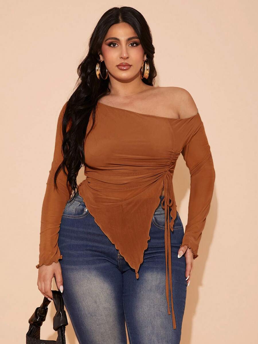 SHEIN BAE Áo nữ cỡ lớn, thiết kế nơ lưới, thích hợp cho ngày lễ tình nhân, mùa hè, tiệc tùng, thanh lịch, sinh nhật, mùa thu - Rỉ Nâu - Xem 1