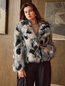 Hansera Autumn/Winter New Black & Gray Leopard Print Faux Fur Coat, Women's New Winter Lapel Faux Fur Coat, Christmas Dress, Christmas Women's Wear, Christmas Clothing, Women's Autumn/Winter Wear, Women's Autumn Wear, Winter Clothing, New Year Clothing, New Year Clothing, Black & Gray Coat, French Elegant Warm Coat, Skin-Friendly Comfortable Fabric, Slimming Silhouette, Fashionable Women's Versatile Warm Faux Fur Coat - Grey - View 5