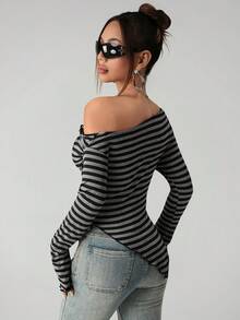 SHEIN ICON Áo thun dài tay kẻ sọc bất đối xứng thời trang dành cho nữ, mùa thu - Nhiều màu - Xem 2