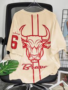 Manfinity LEGND 男士休闲字母牛头印花短袖T恤，夏季款 - 卡其色 - 查看 2