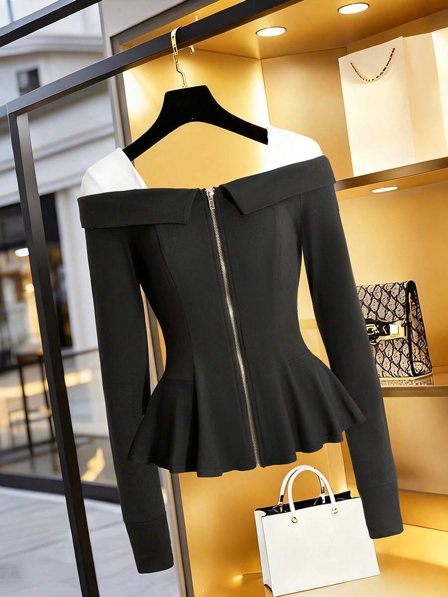 Chiquease Áo cardigan nữ thời trang và thanh lịch, phối màu tương phản, khóa kéo ở eo, kiểu dáng mùa xuân. - màu đen - Xem 1