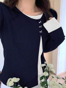 Dazy Plus Color Block Bow Decor 2 In 1 Fashion Long Sleeve T-Shirt For Plus Size Women - Navy Blue - View 1