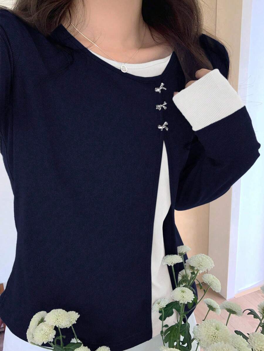 Dazy Plus Color Block Bow Decor 2 In 1 Fashion Long Sleeve T-Shirt For Plus Size Women - Navy Blue - View 1