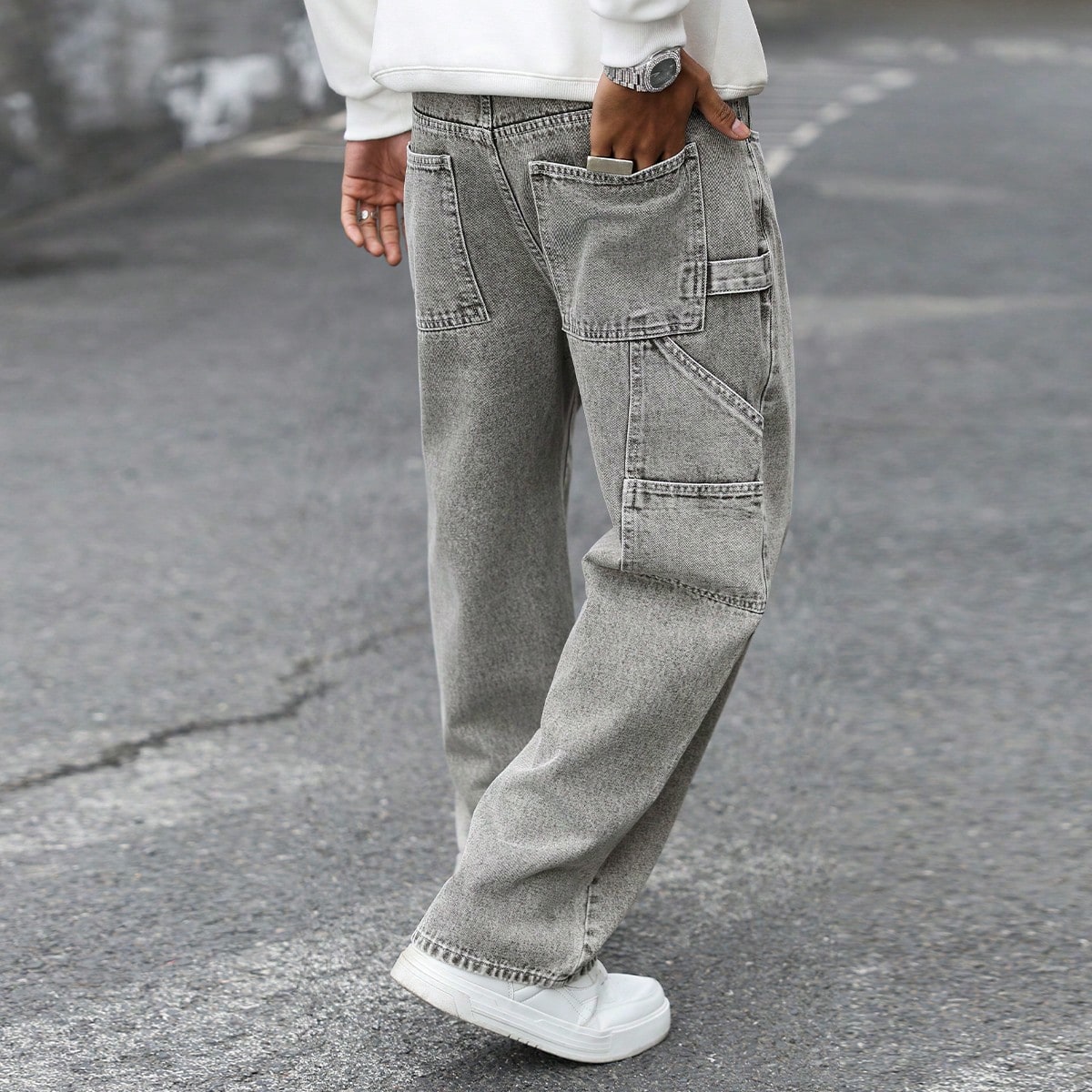 Jeans rectos con lavado de copos de nieve para hombre, estilo urbano