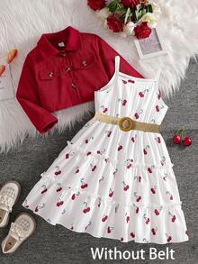 2 件套年轻女孩时尚西装领长袖夹克 + 松紧腰樱桃印花吊带蛋糕裙连衣裙，休闲度假装，春秋季 - 紅色 - 查看 1