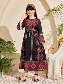 节日长袍，少女几何菱形数码复古印花，宽松喇叭长袖，宽松长袖宽裙摆连体长裙 - 黑色 - 查看 6