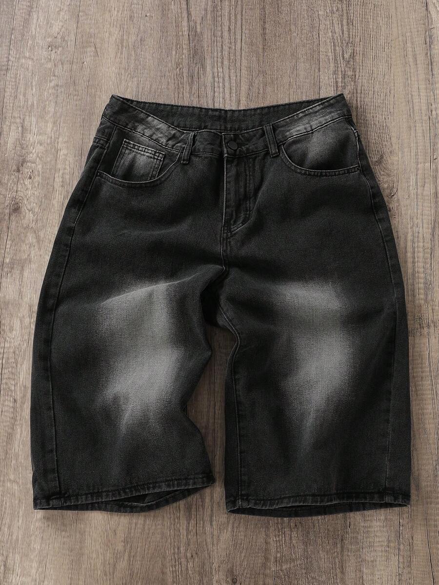 Manfinity Joysei 男士休闲水洗阔腿牛仔短裤 - 深灰色 - 查看 1