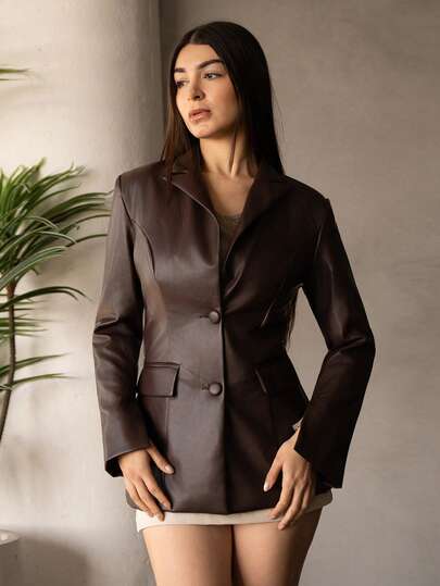 Andrea Bello 女式复古勃艮第红束腰仿皮 PU 西装外套，适合秋冬季办公室、万圣节、感恩节、圣诞节