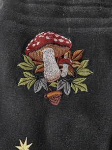 ROMWE Fairycore Quần jeans nữ cỡ lớn thêu hình nấm tối màu, dài đến 7/8, có gấu quần xắn lên. - Màu xám đen - Xem 7