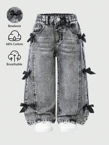 Elladie kids 年轻女孩做旧复古时尚个性化前片开衩漂白牛仔阔腿裤，配3D蝴蝶结，四季皆宜的蓝色休闲裤 - 灰色 - 查看 2
