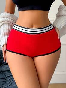 女士撞色罗纹平角短裤 - 紅色 - 查看 5