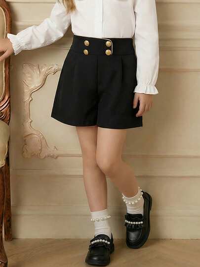 PrepCrw 1件装少女优雅都市时尚高腰短裤，金色滚边，百搭休闲、外出、聚会、节日等场合，适合春夏穿着。