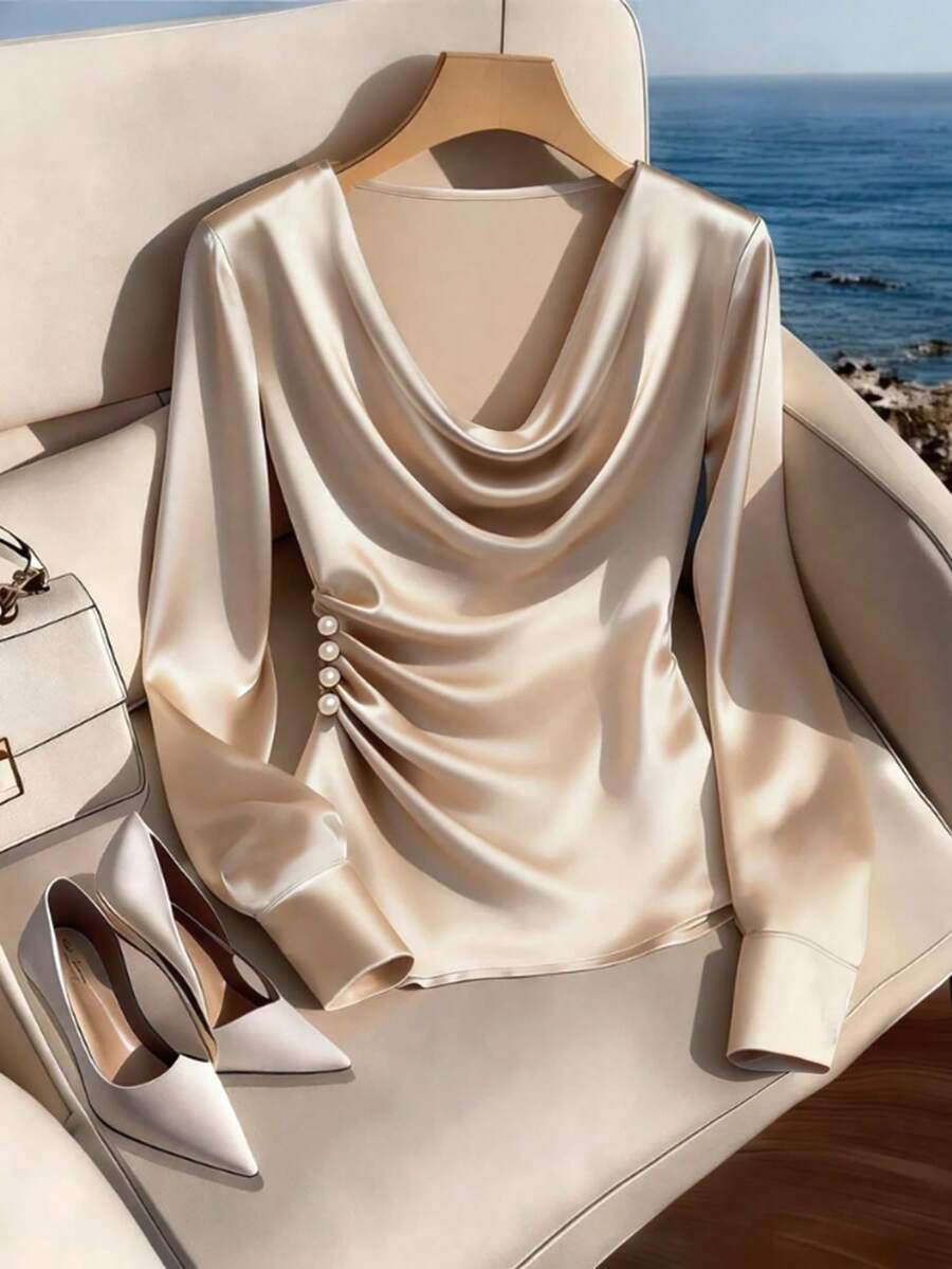 SHEIN Clasi Áo cánh tay dài cài nút trang trí cổ bèo nhún thanh lịch cỡ lớn dành cho nữ, thích hợp cho các buổi đi chơi, hẹn hò, mùa tựu trường - Màu be - Xem 1