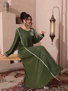 Al Najma 休闲宽松两合一长袖日常阿拉伯风格女式连衣裙 - 綠色 - 查看 3