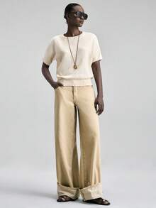 Ontre Damski, miękki i luźny sweter z mieszanki wełny, z krótkim rękawem, uniwersalny na miejskie dojazdy, na co dzień, do biura, na święta i Nowy Rok, podstawowy top - Beżowy - Zobacz 2