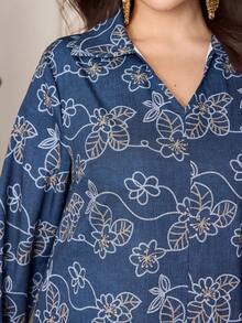 Al Najma Plus Size Women's Long Sleeve Blue Digital Print Ruffle Hem Elegant Arabic Style Maxi Dress, Spring/Summer