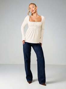 MISSGUIDED Long Sleeve Babydoll Top With Lace Trim Square Neckline Empire Waist Gathered Flowy Casual Blouse Fall Winter Fashion - Cream - View 3