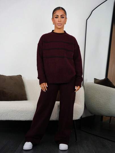 SAYEHFBABY Damset med stickad tröja i kontrastfärg, långärmad, rund halsringning och topp, lämplig för vår, höst och vinter, stickad kostym i kontrastfärg, vår-, höst- och vinterkläder, pendling, elegant, vardagsoutfit, arbetsoutfit