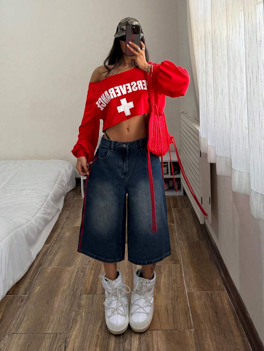 Women's Red Long Sleeve Oblique Shoulder Sweatshirt, StreetHxY2K Hot Girl Personalized Grunge Streetwear Punk Fitted Oblique Shoulder Off-Shoulder Long Sleeve Sweatshirt - Red - View 1