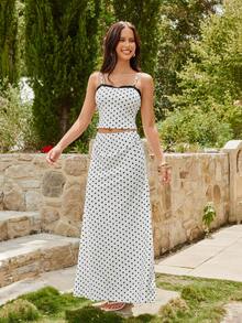 Vivid Eden Women's Summer Boho Holiday Tea Party White With Black Polka Dots 2-Piece Set,Elegant Lace Camisole & Fish Tail Hem Skirt Vintage Beach Vacation Style - Black and White - View 5