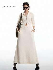 LYSMO 新款简约春季女士休闲纯色单排扣开衫针织半裙两件套，春季针织长袖连衣裙，杏色长裙，燕麦色女装，休闲长裙，圣诞节 - 杏色 - 查看 4