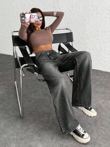 EURMUSE Quần jean nữ cổ điển cạp cao ống rộng màu xanh nhạt, chất liệu denim, cạp không đối xứng, phong cách Y2K - màu đen - Xem 7