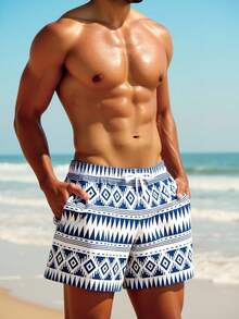 Manfinity Swimmode Summer Men's Summer Vacation All-Over Print Drawstring Waist Beach Shorts - Navy Blue - View 5
