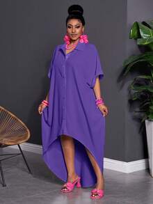 Slaydiva 大码纯色前短后长前纽扣宽松休闲连衣裙 - 紫色 - 查看 5